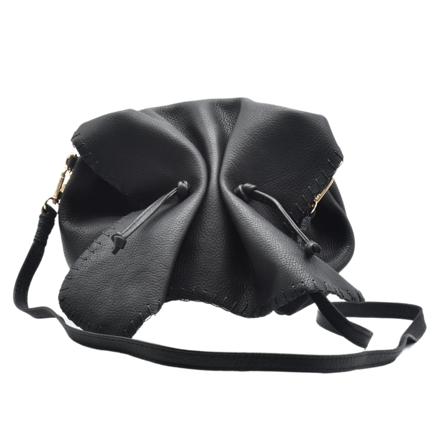 Carlos Falchi Butterfly Bag crafted from black textured leather with gold-tone hardware and a adjustable shoulder strap