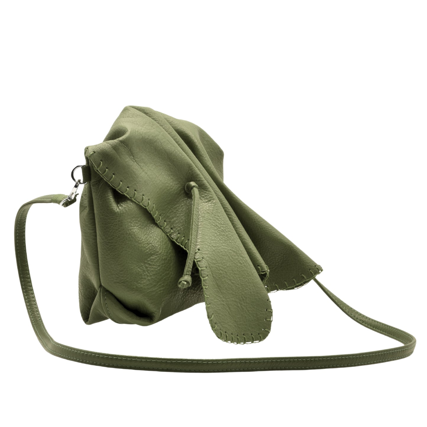 Close-up of the Butterfly Bag’s textured leather surface with visible stitching and vibrant multicolored butterfly appliqué