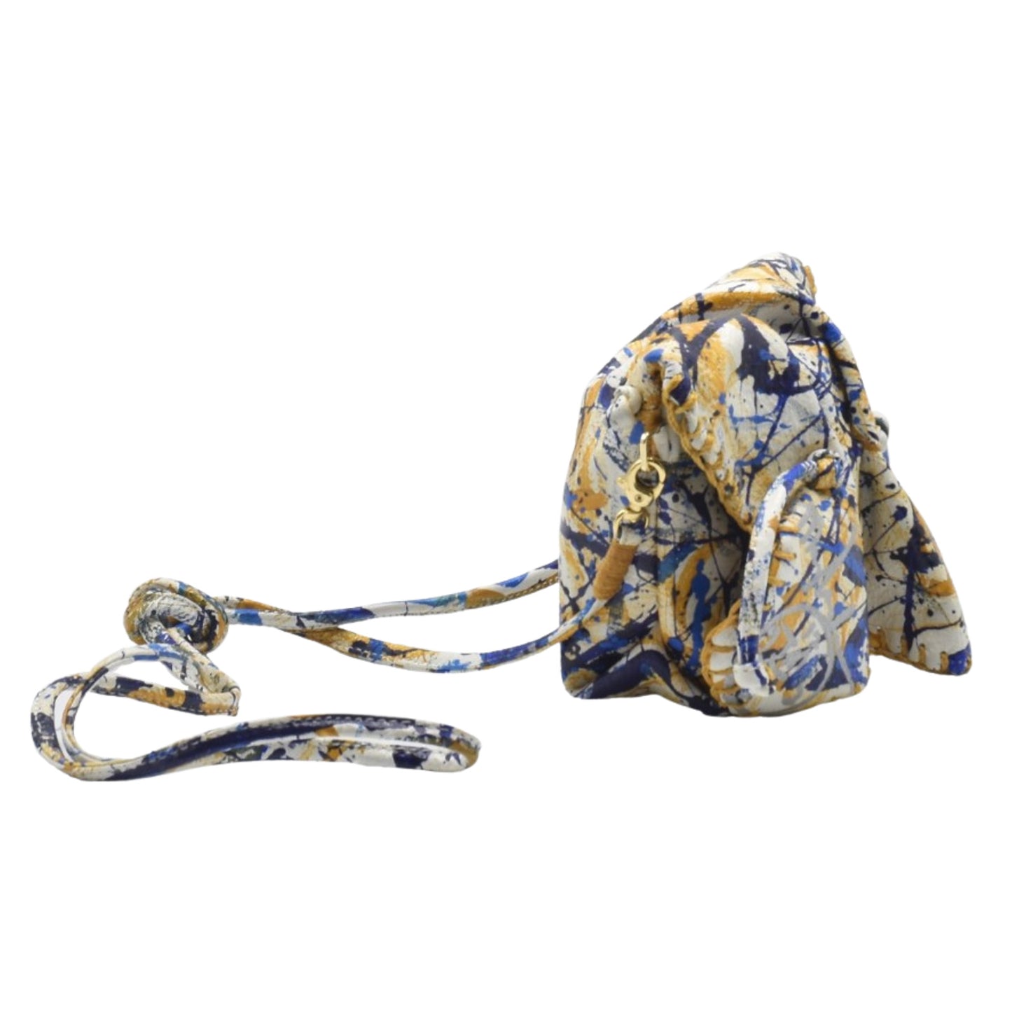 Close-up of the Mini Butterfly Bag's textured leather surface with gold-tone logo hardware and zipper pull detail.