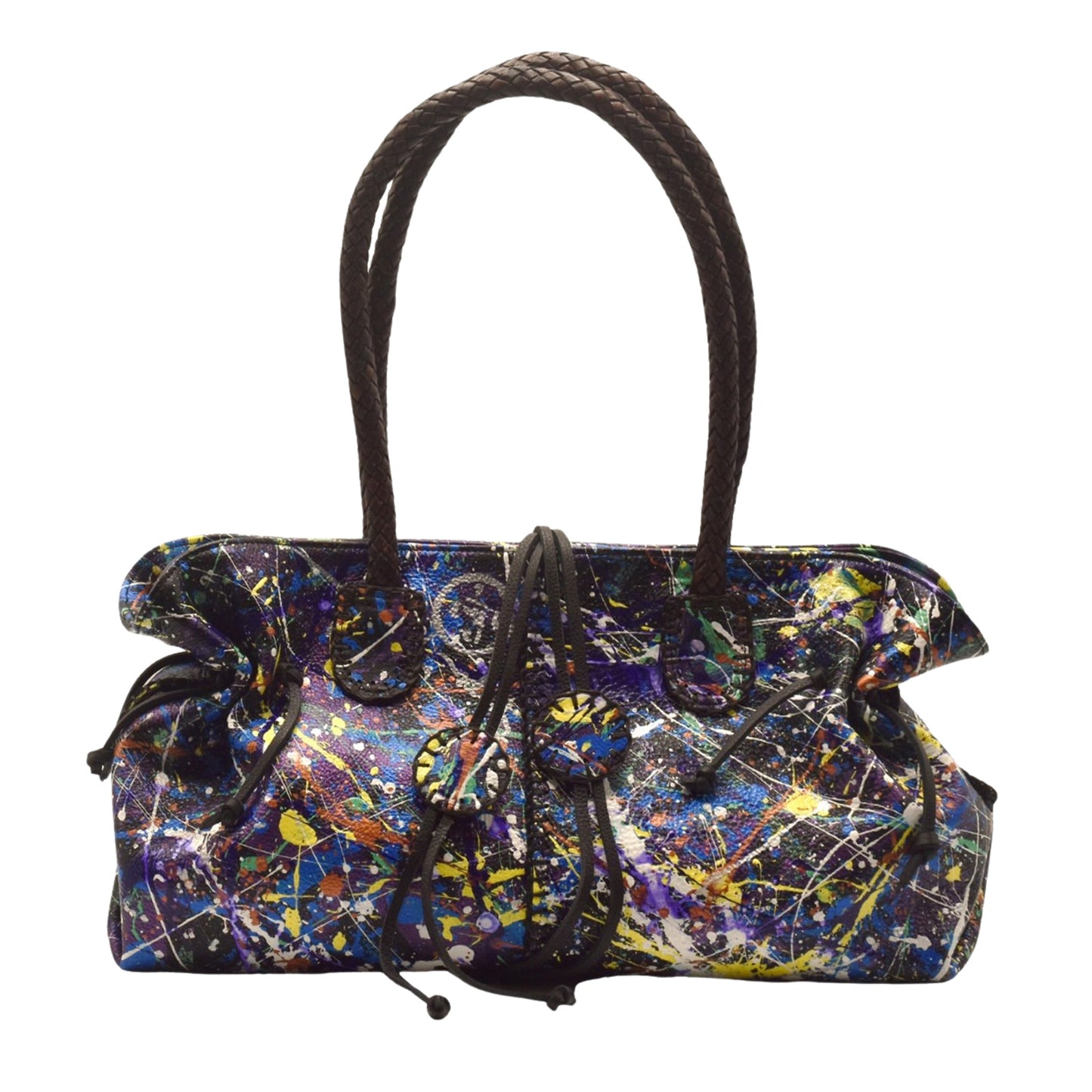 Carlos Falchi Jumper Maybach's Signature Satchel in textured black leather with silver-tone hardware and adjustable shoulder