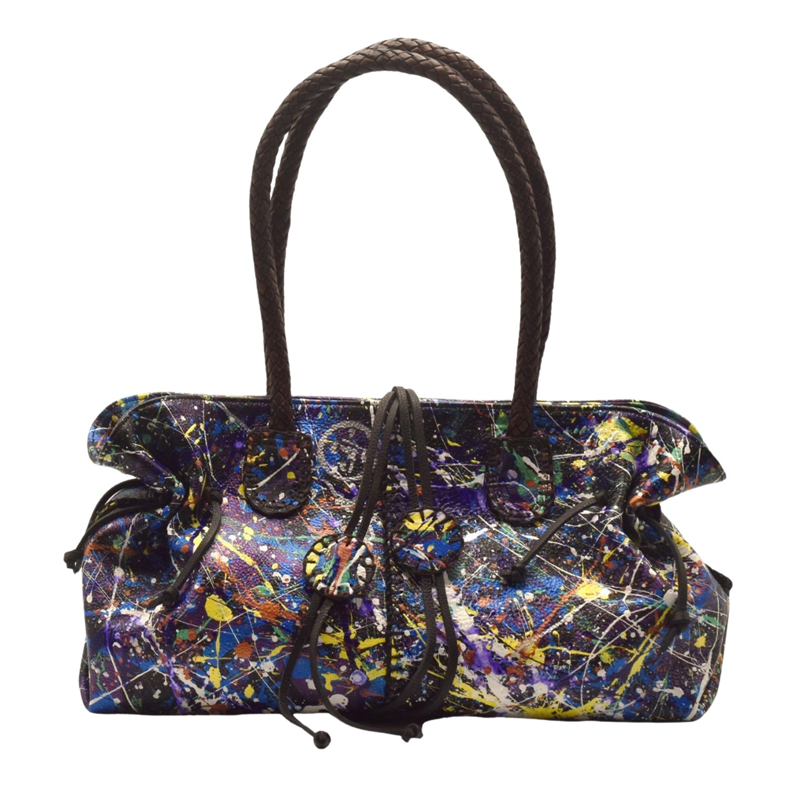 Carlos Falchi Jumper Maybach's Signature Satchel in textured black leather with silver-tone hardware and adjustable shoulder