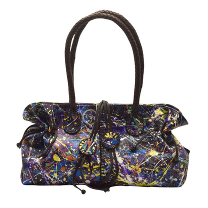 Carlos Falchi Jumper Maybach's Signature Satchel in textured black leather with silver-tone hardware and adjustable shoulder