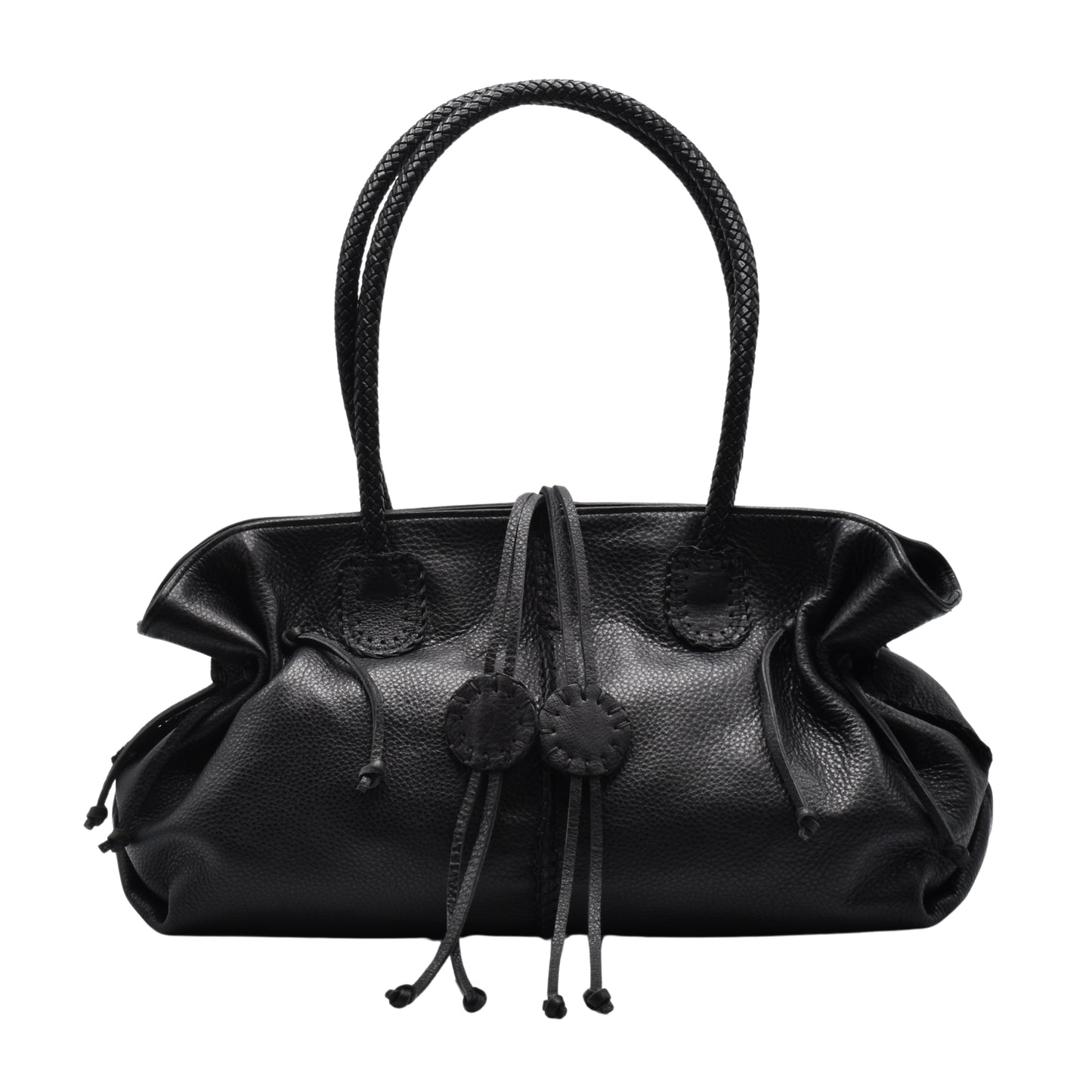 Carlos Falchi Signature Satchel in black leather with textured crocodile pattern, gold-tone hardware, and adjustable