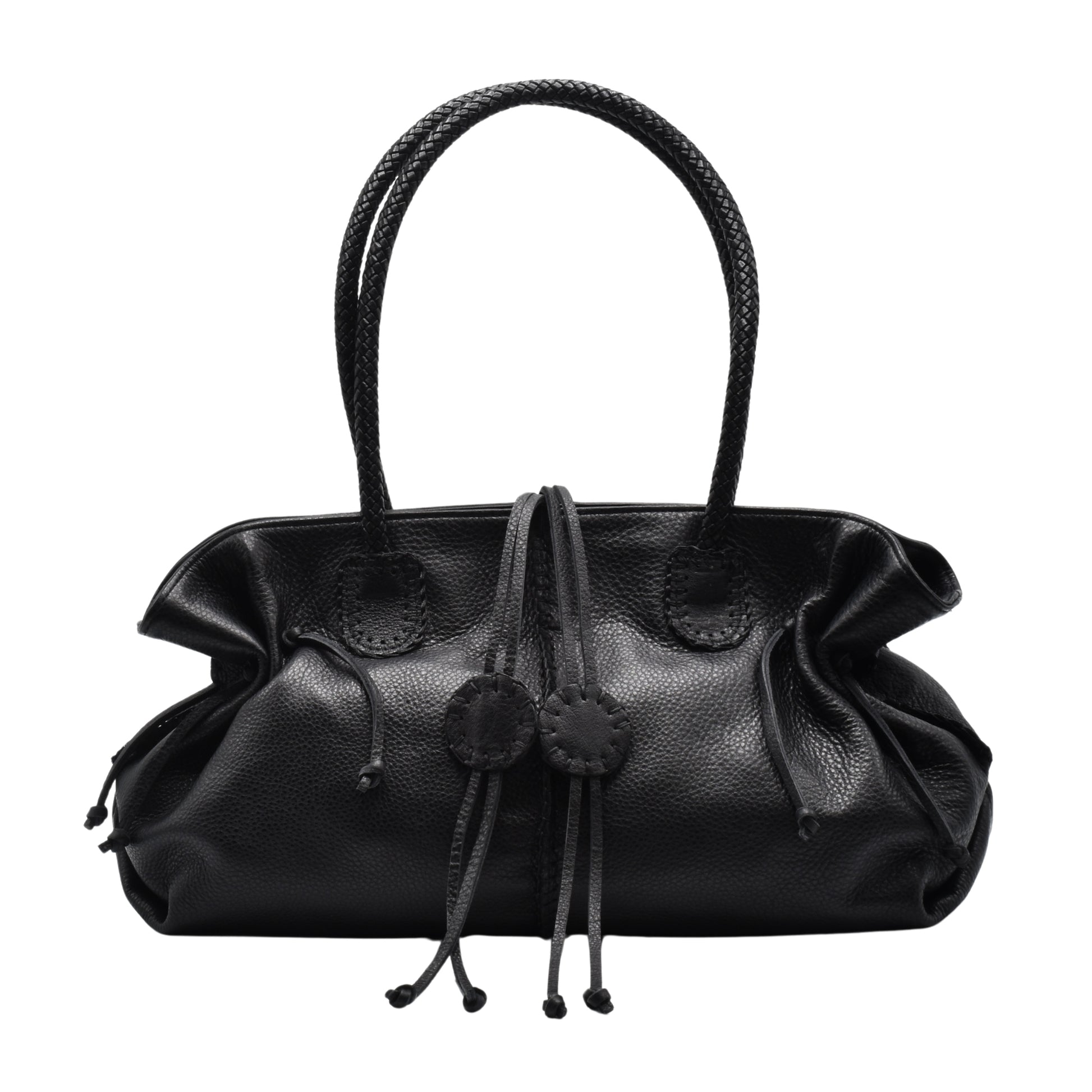 Carlos Falchi Signature Satchel in black leather with textured crocodile pattern, gold-tone hardware, and adjustable