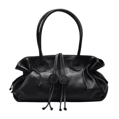 Carlos Falchi Signature Satchel in black leather with textured crocodile pattern, gold-tone hardware, and adjustable