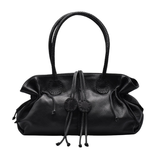 Carlos Falchi Signature Satchel in black leather with textured crocodile pattern, gold-tone hardware, and adjustable