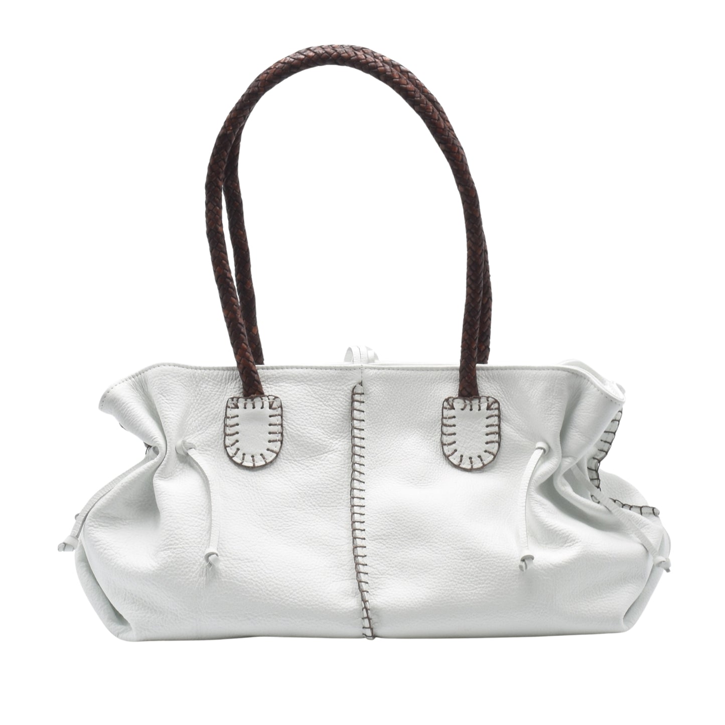 Image #12 of 17: Top zipper closure with leather pull tab, showing textured pebble grain surface and reinforced stitching