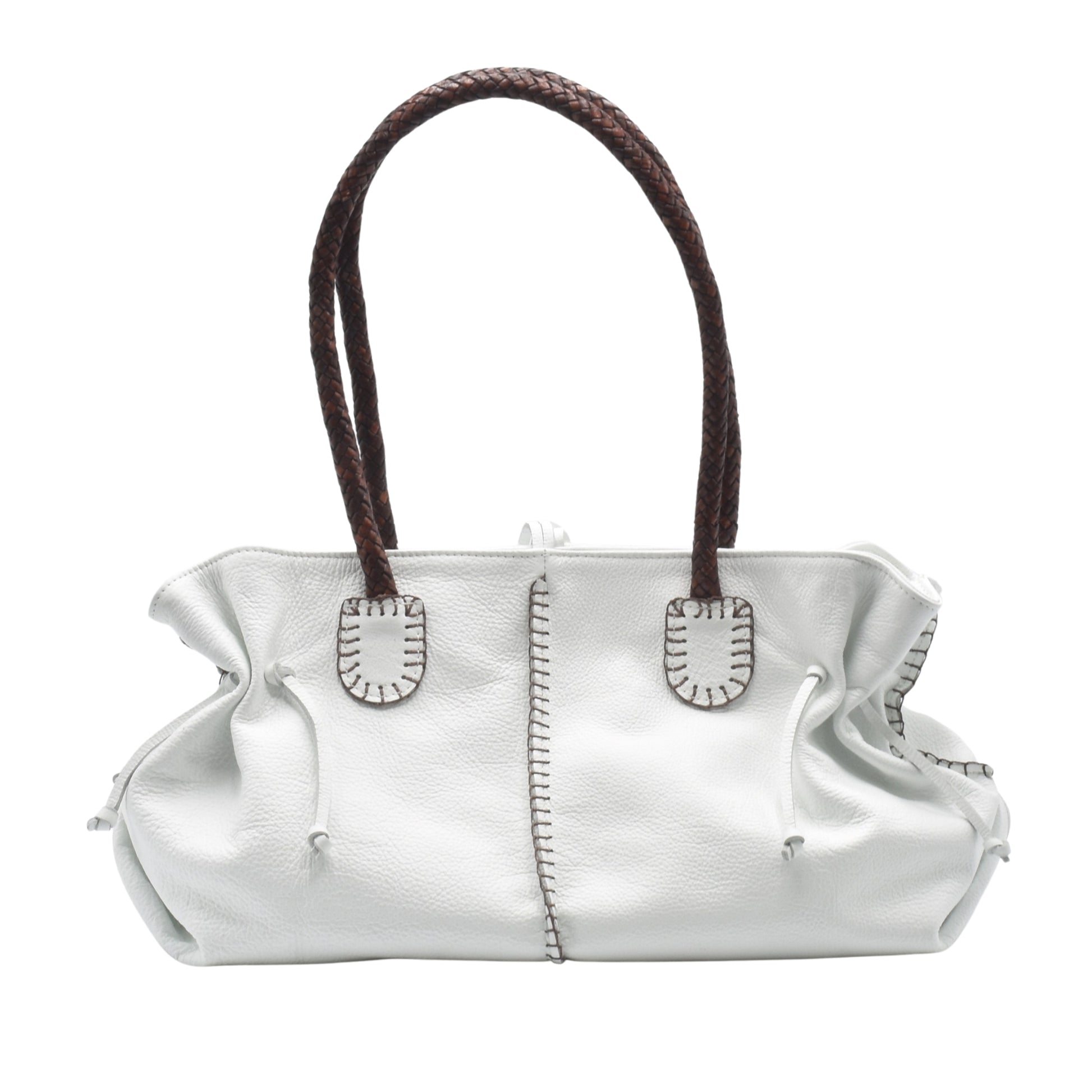 Image #12 of 17: Top zipper closure with leather pull tab, showing textured pebble grain surface and reinforced stitching