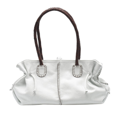 Image #12 of 17: Top zipper closure with leather pull tab, showing textured pebble grain surface and reinforced stitching