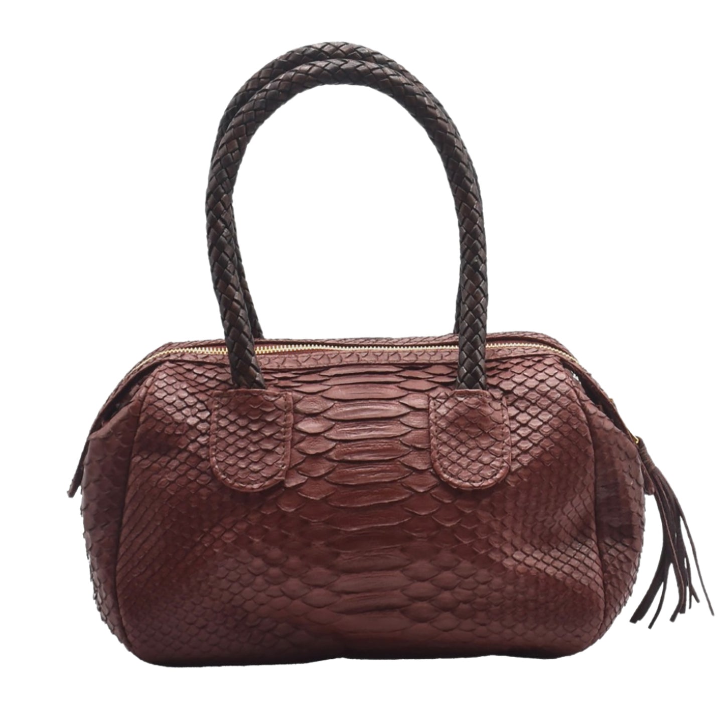 Close-up of the mini barrel's tightly woven python leather texture and rich natural color highlighting intricate pattern