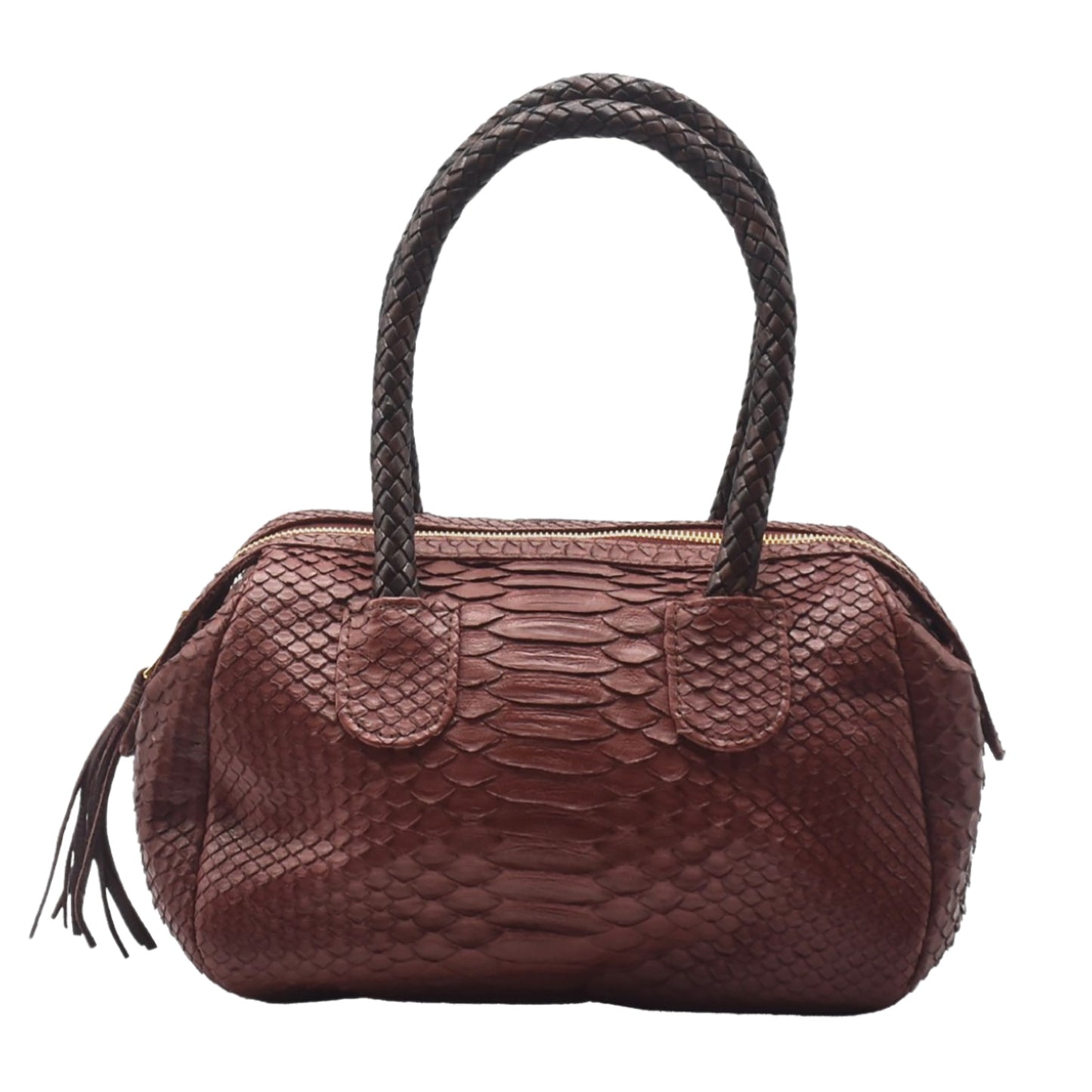 Close-up of the rich, textured Python mini barrel's dark brown natural leather surface with visible grain and subtle tooling