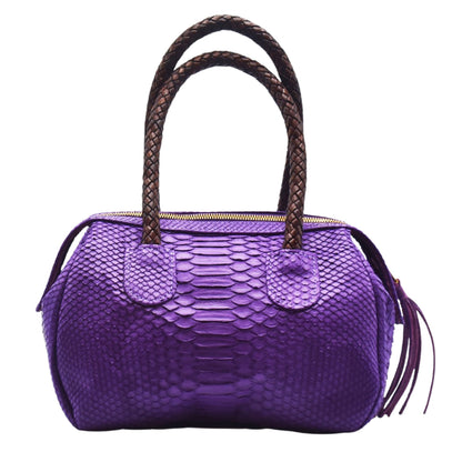 Close-up of the glossy, reddish-brown python mini barrel skin texture highlighting intricate scale patterns and fine