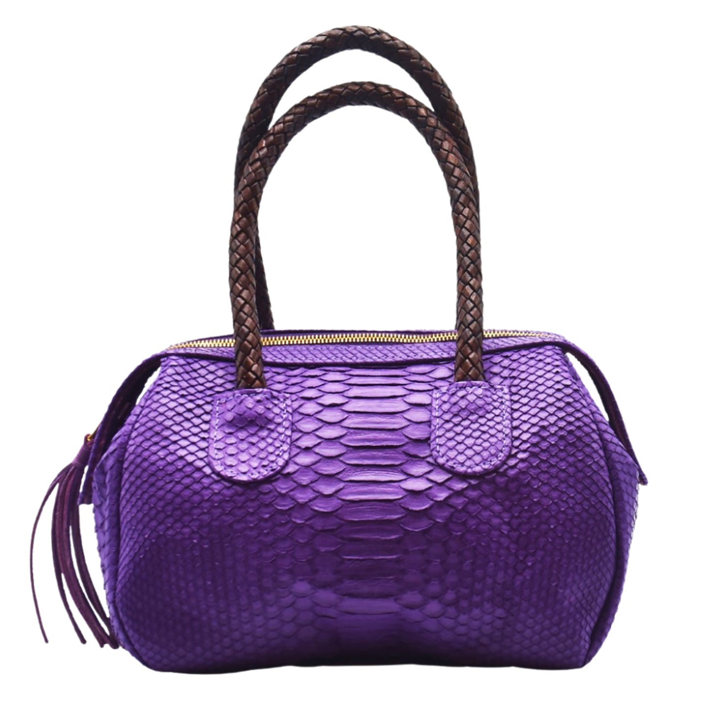 Close-up of the textured python mini barrel's rich, natural brown leather with detailed scale patterns and subtle glossy