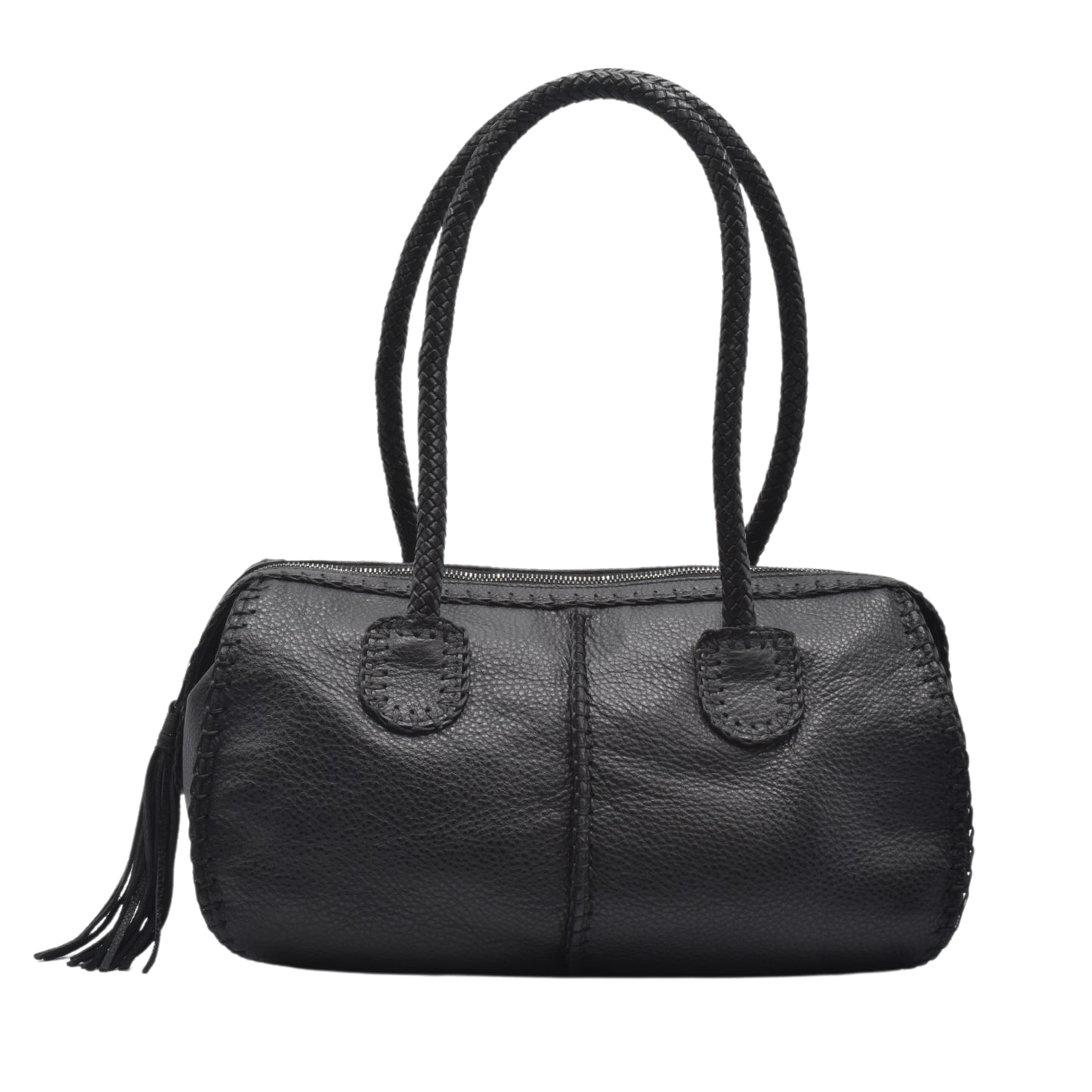 Carlos Falchi The Classic Barrel bag in black textured leather with silver-tone hardware and adjustable shoulder strap