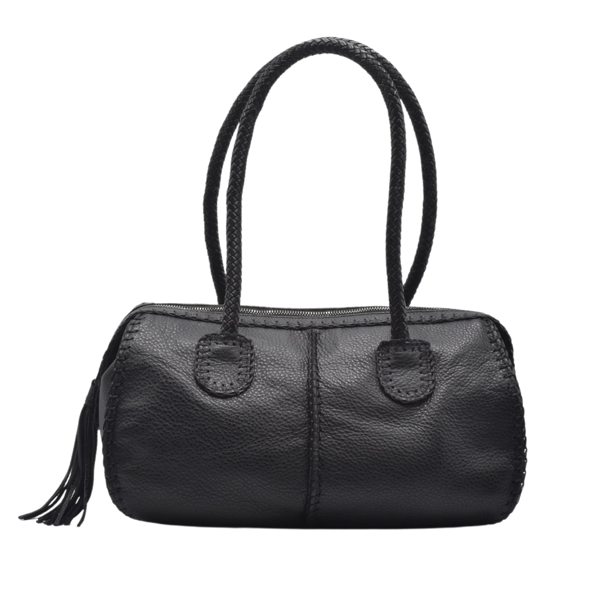 Carlos Falchi The Classic Barrel bag in black textured leather with silver-tone hardware and adjustable shoulder strap