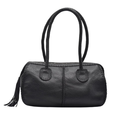 Carlos Falchi The Classic Barrel bag in black textured leather with silver-tone hardware and adjustable shoulder strap
