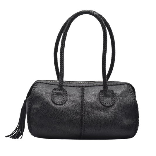 Carlos Falchi The Classic Barrel bag in black textured leather with silver-tone hardware and adjustable shoulder strap