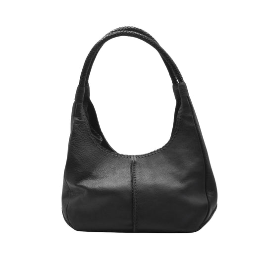Carlos Falchi Iconic Hobo bag in textured black leather with adjustable strap and magnetic snap closure