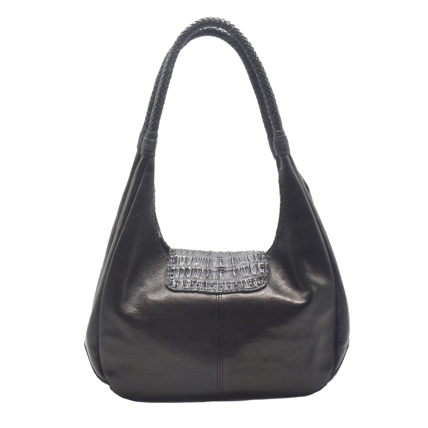 Close-up of textured caramel-colored woven fabric handle with brass rivet attachment detail on Croc Hobo bag