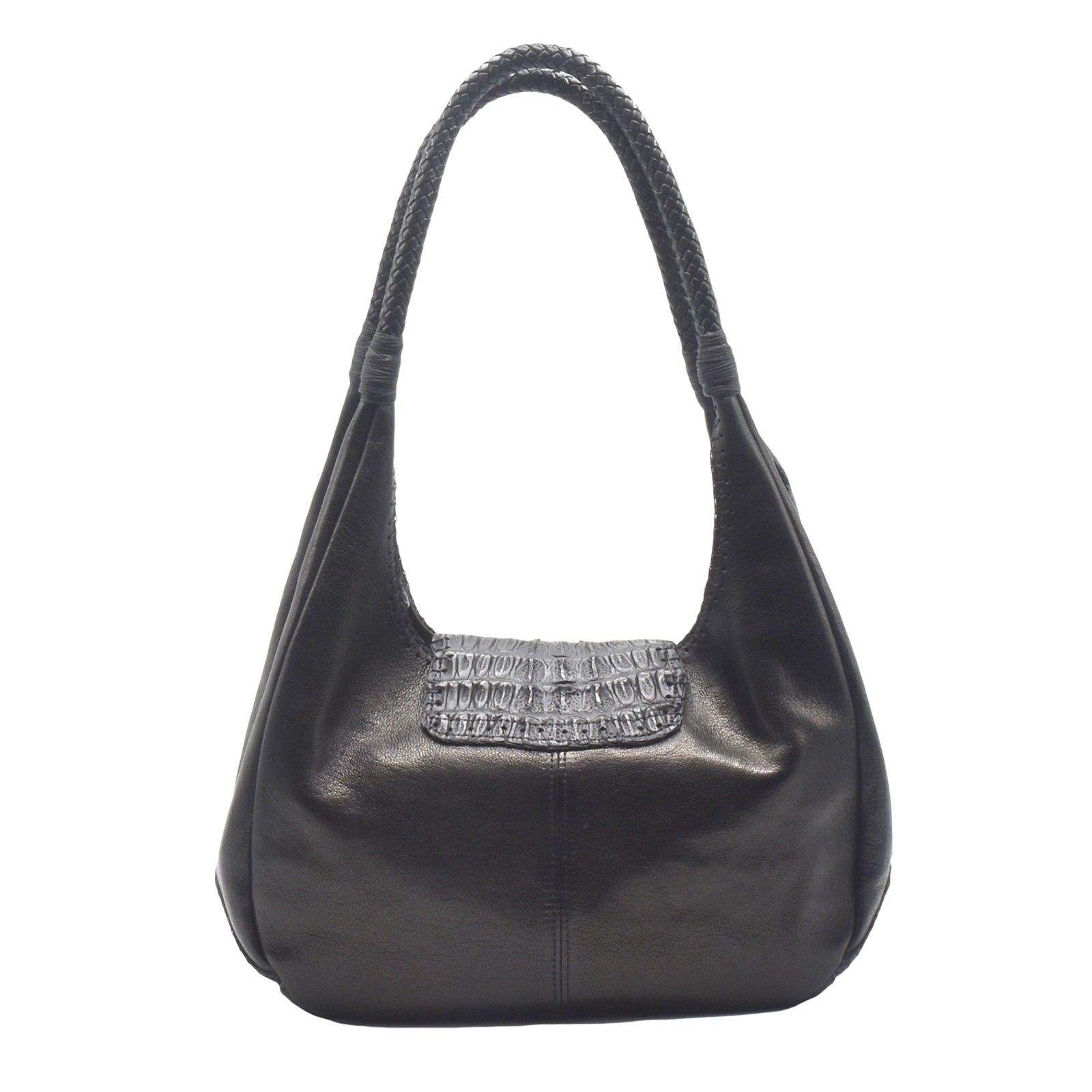 Close-up of textured caramel-colored woven fabric handle with brass rivet attachment detail on Croc Hobo bag