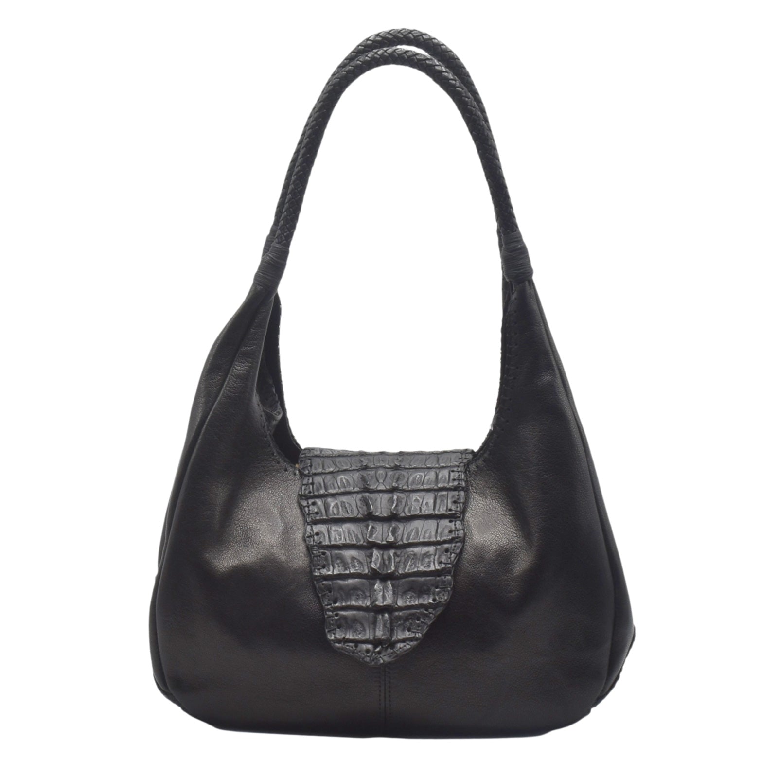 Carlos Falchi Croc Hobo bag in textured dark brown faux crocodile leather with shoulder strap and top zipper closure