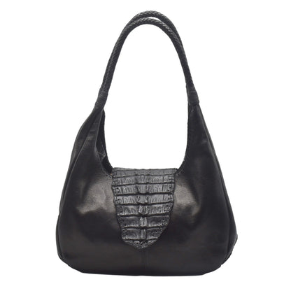 Carlos Falchi Croc Hobo bag in textured dark brown faux crocodile leather with shoulder strap and top zipper closure