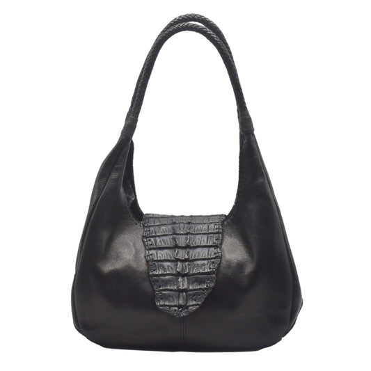 Carlos Falchi Croc Hobo bag in textured dark brown faux crocodile leather with shoulder strap and top zipper closure