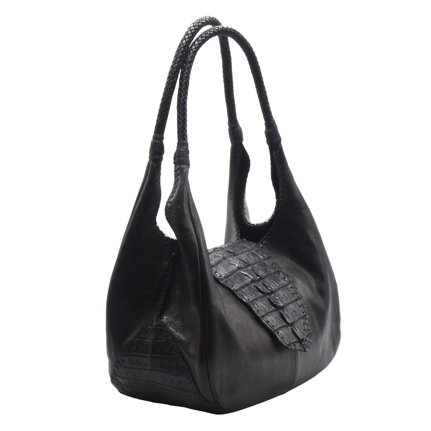 Close-up of the Croc Hobo’s textured woven straw material with leather strap detailing and silver buckle accents.