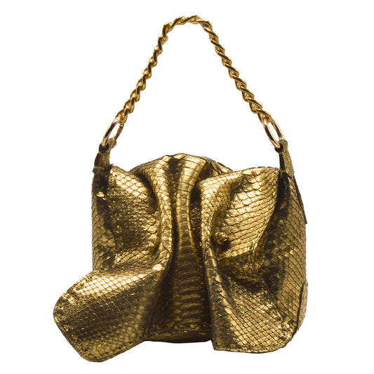 Genuine Python leather shoulder butterfly bag in gold with textured surface and silver-tone hardware by Carlos Falchi