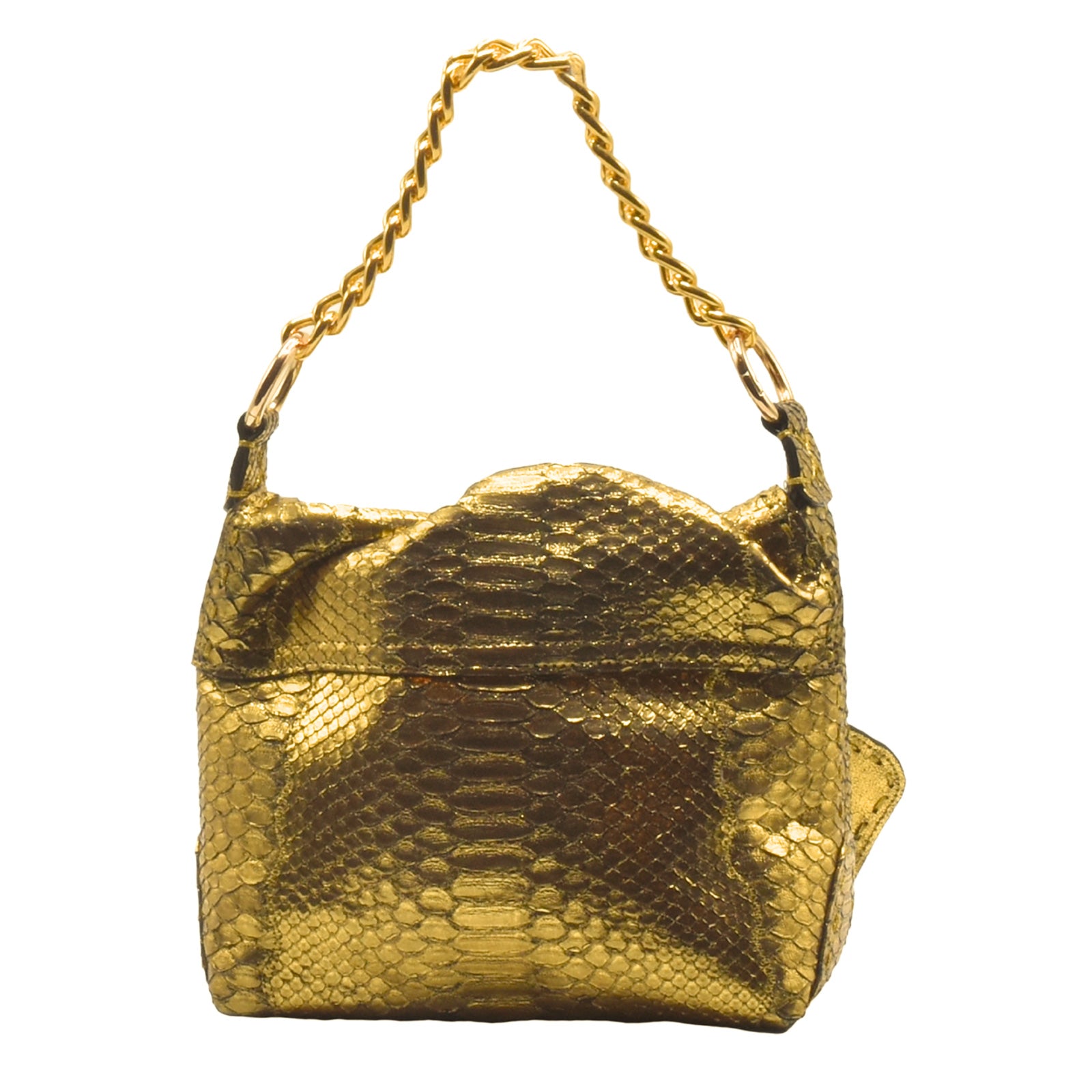 Close-up of the gold python leather strap showing textured scales and subtle stitching detail on the Butterfly Bag's side