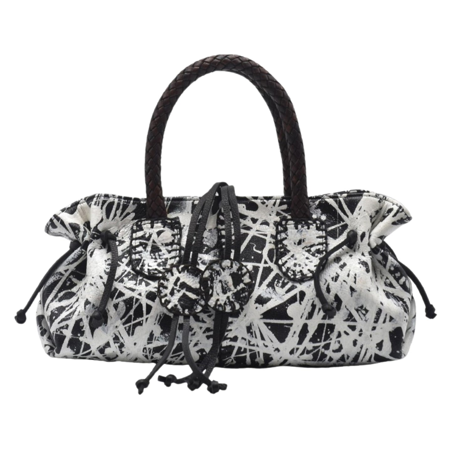 Carlos Falchi Jumper Maybach's Mini Satchel in black pebbled leather with gold-tone chain strap and zip closure