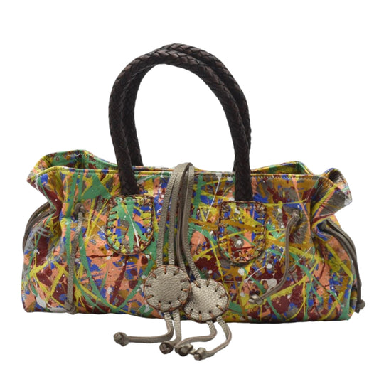 Carlos Falchi Jumper Maybach's Mini Satchel in black textured leather with silver-tone hardware and compact 6-inch size