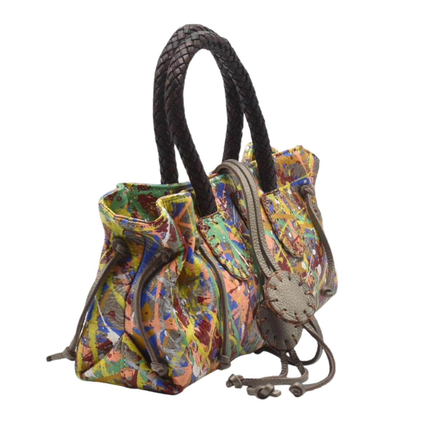 Close-up of the black textured leather surface and embossed Maybach logo on the Mini Satchel’s front flap detail