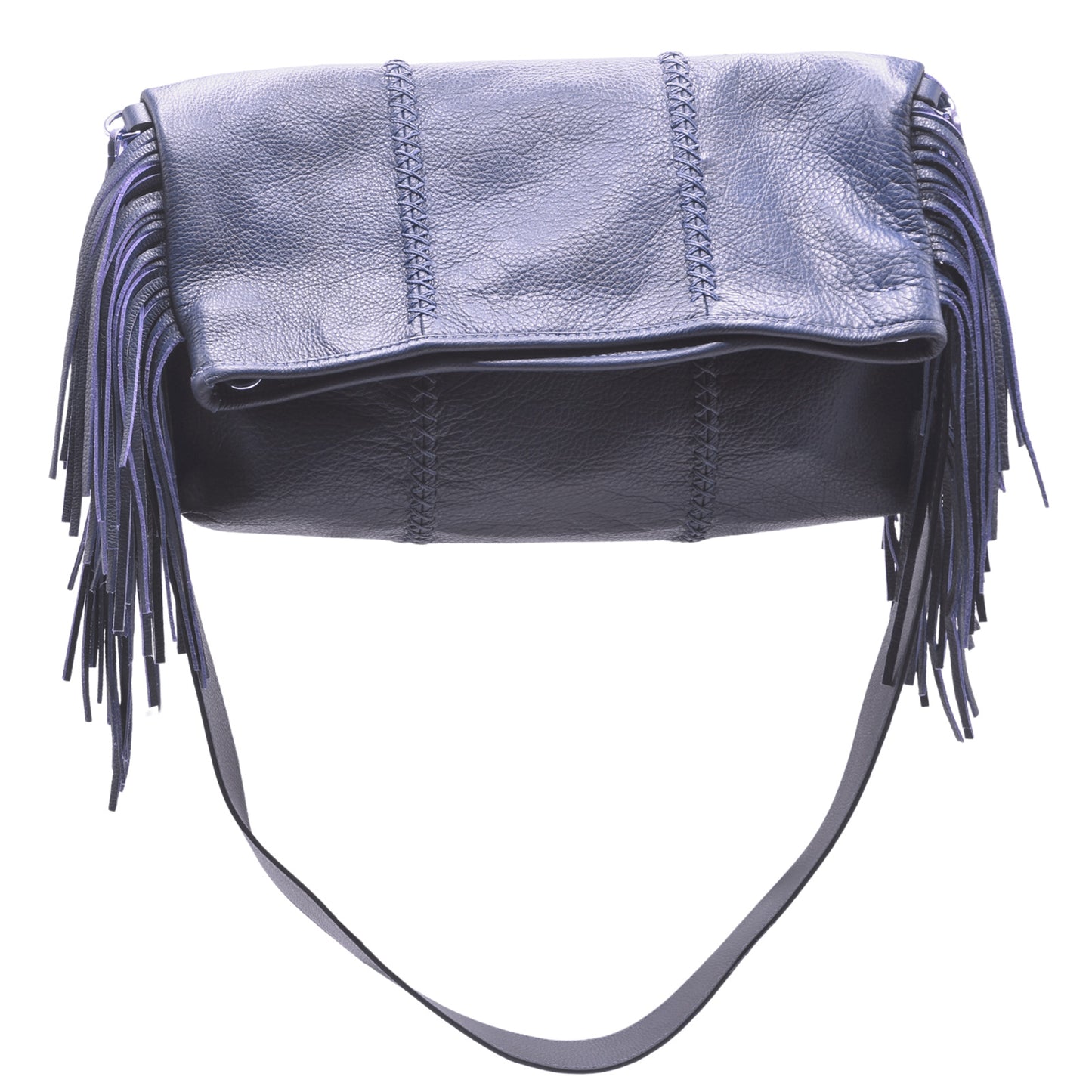 Close-up of the large fringe detailing and textured metal chain strap showcasing intricate threading and metallic sheen from