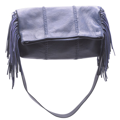 Close-up of the large fringe detailing and textured metal chain strap showcasing intricate threading and metallic sheen from