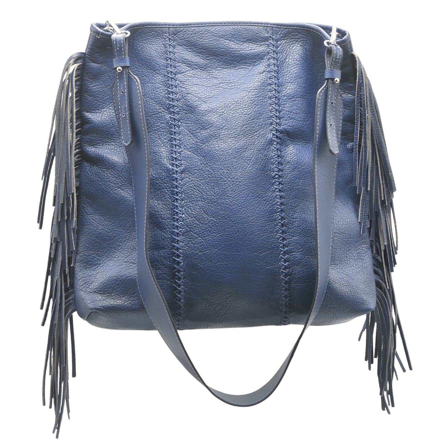 Close-up of the Large Fringe Crossbody Messenger's textured metallic chain with engraved logo detail and adjustable clasp at