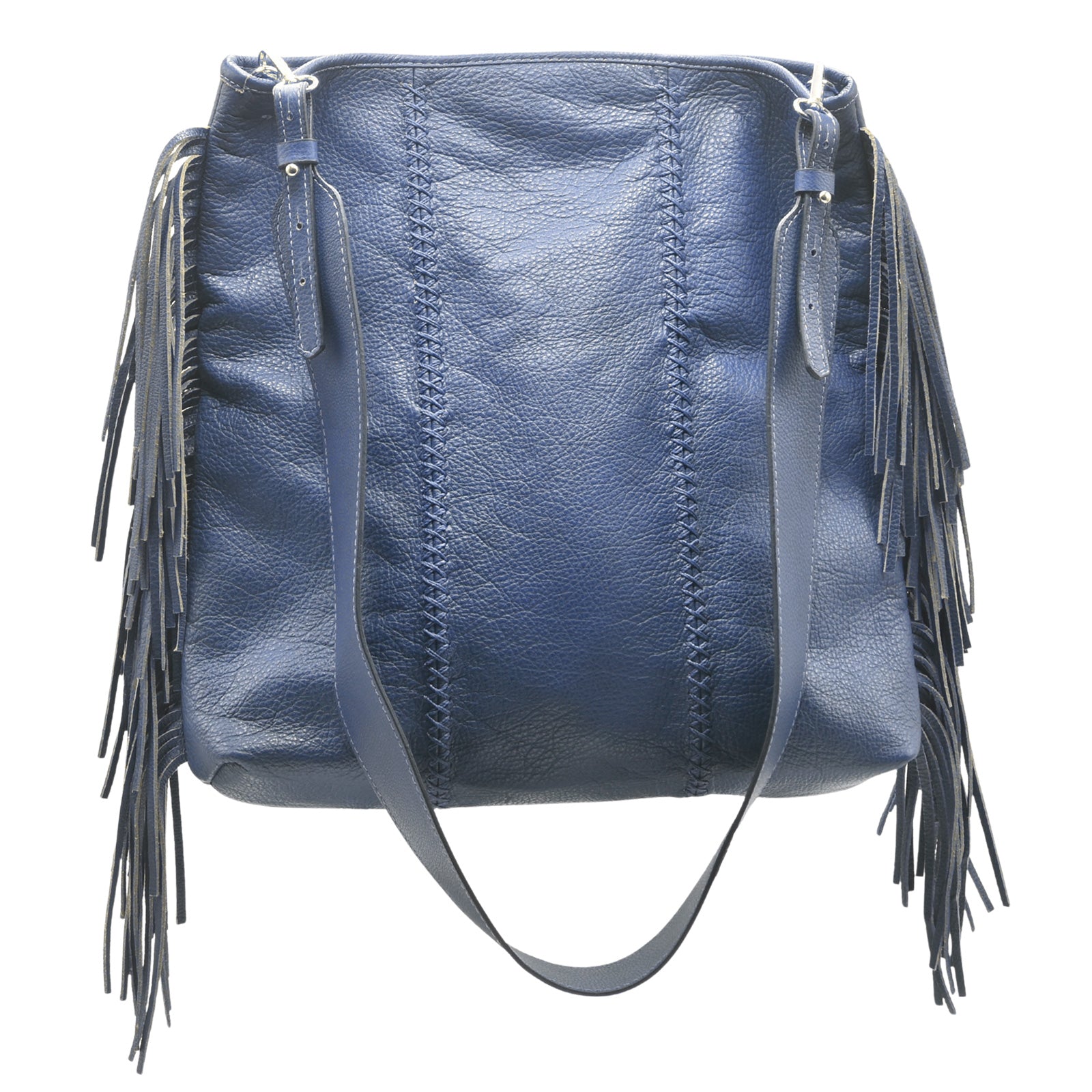 Close-up of the Large Fringe Crossbody Messenger's textured metallic chain with engraved logo detail and adjustable clasp at