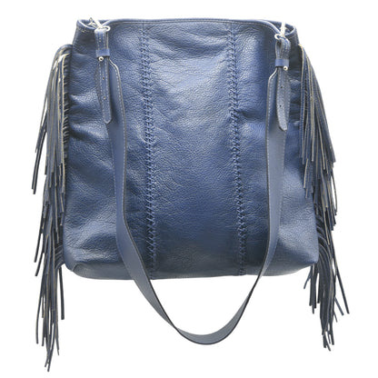 Close-up of the Large Fringe Crossbody Messenger's textured metallic chain with engraved logo detail and adjustable clasp at