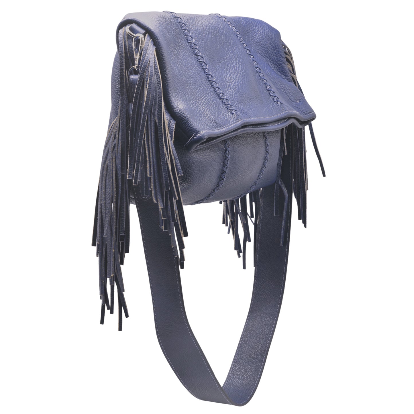 Close-up of the large fringe leather crossbody strap with intricate stitch detailing and metal clasp attachment at the side