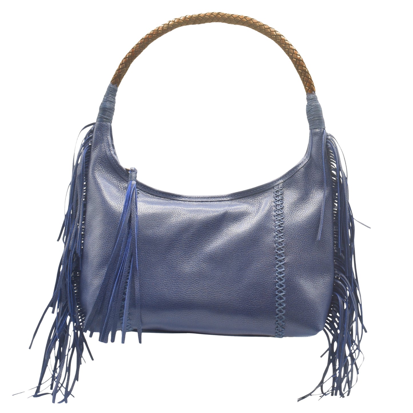 Close-up of the Fringe Hobo Bag's textured leather strap featuring silver-tone metal hardware and a subtle woven pattern