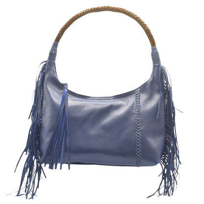 Close-up of the Fringe Hobo Bag's textured leather strap featuring silver-tone metal hardware and a subtle woven pattern