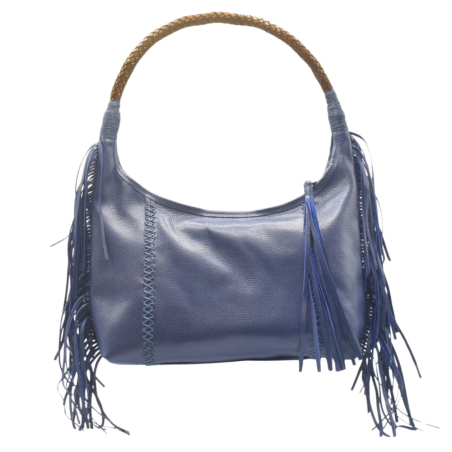 Carlos Falchi Fringe Hobo Bag with distressed leather, tasseled fringe details, and adjustable chain strap with lobster