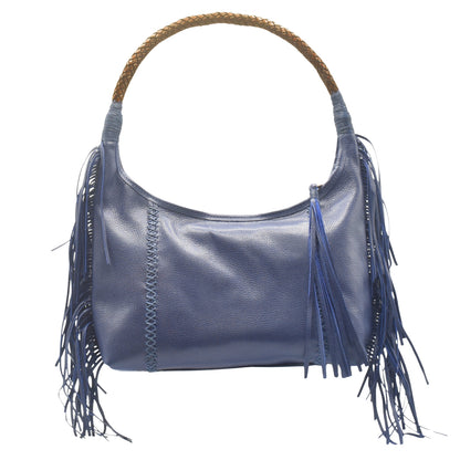 Carlos Falchi Fringe Hobo Bag with distressed leather, tasseled fringe details, and adjustable chain strap with lobster