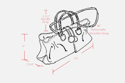 Close-up of the Mini Satchel’s textured black leather with gold-toned logo tag on the front and subtle stitched edging detail