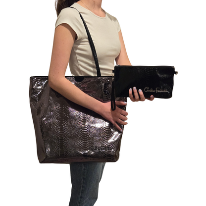 Close-up of the vegan Python tote’s textured jute handle stitching and reinforced seam details