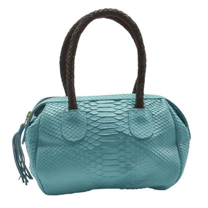 Genuine Carlos Falchi Python Mini Barrel bag featuring textured brown python leather with gold-tone hardware and compact