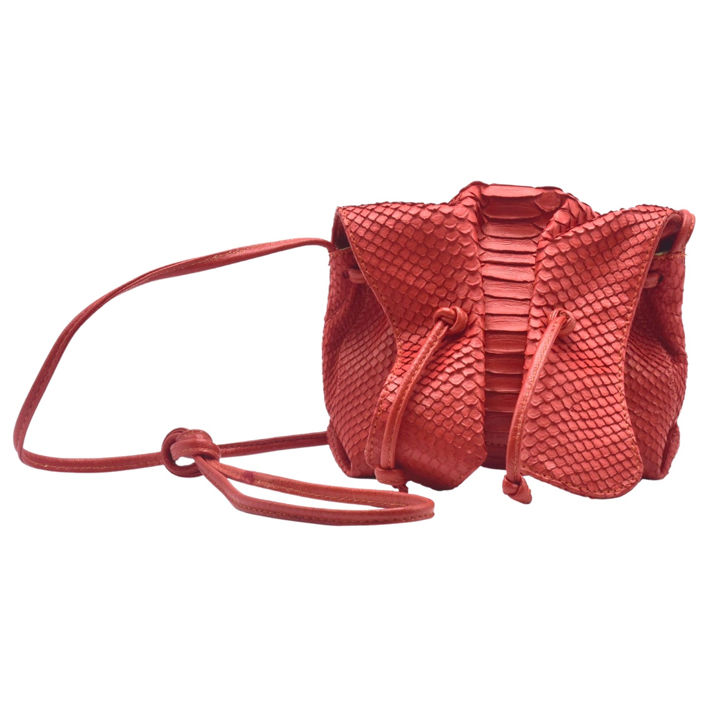 Close-up of the Genuine Python Mini Butterfly Bag’s textured python skin and gold-tone zipper pull from a front-high angle.