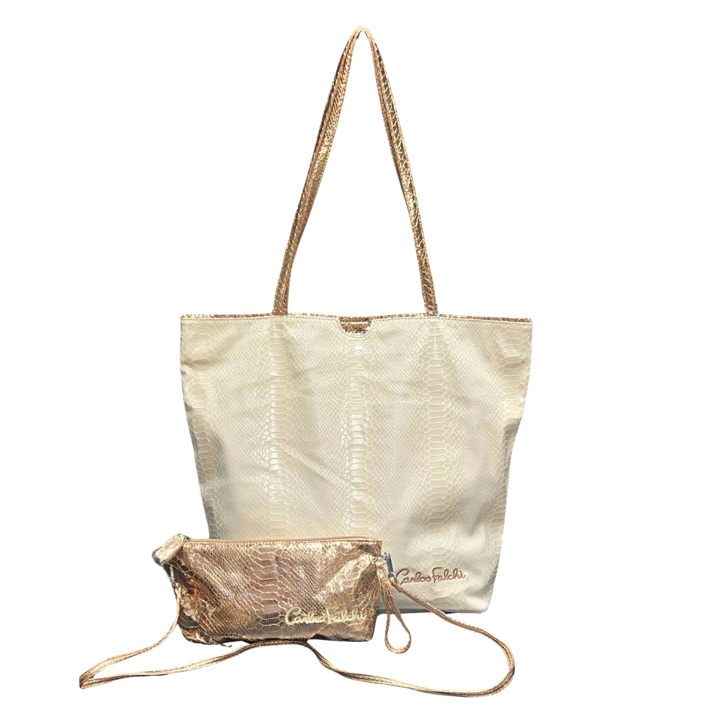 Close-up of vegan Python Tote's textured durable cotton canvas with subtle stitching details and natural brown handles.