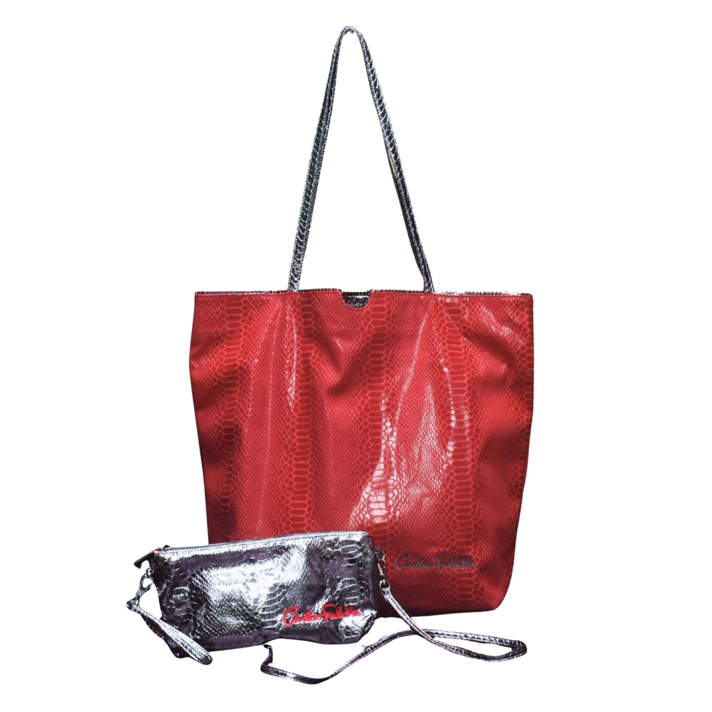 Close-up of vegan Python Tote's textured bamboo handle and visible stitching along the bright orange fabric edge