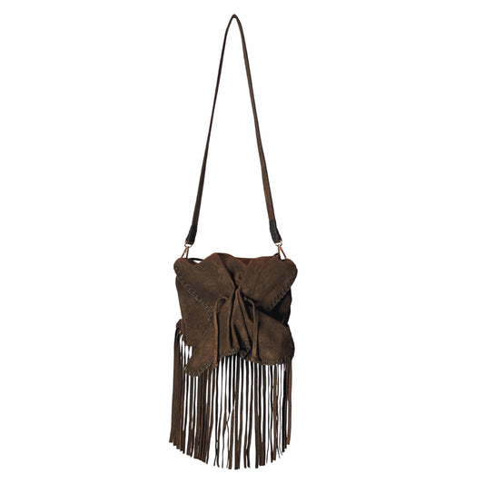 Carlos Falchi suede fringe butterfly bag with gold-tone metal hardware and layered tassel detailing